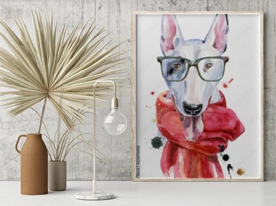 akwarela-portret-bull-terrier-w-okularach-i-czerwony-szalik